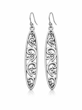 Silver Filigree Drop Earrings Openwork Scroll Design 2.17in